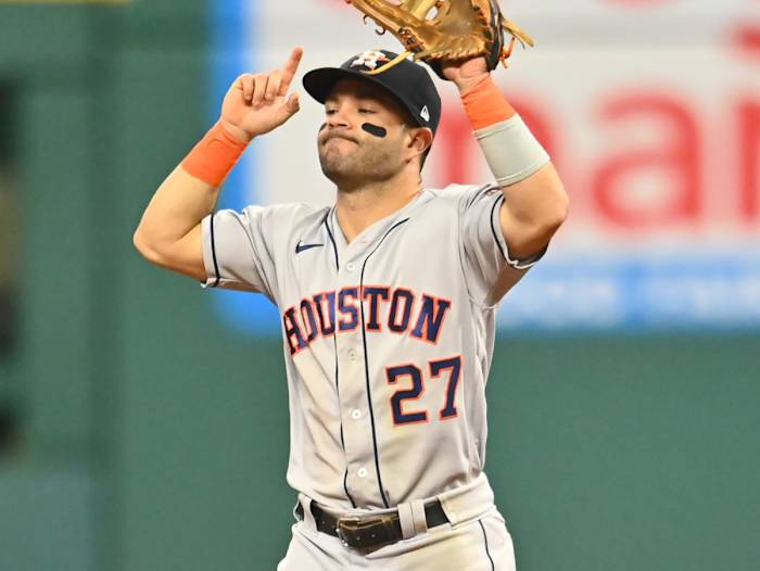 Houston Astros second baseman Jose Altuve (27) celebrates after the Astros beat the Cleveland Indians